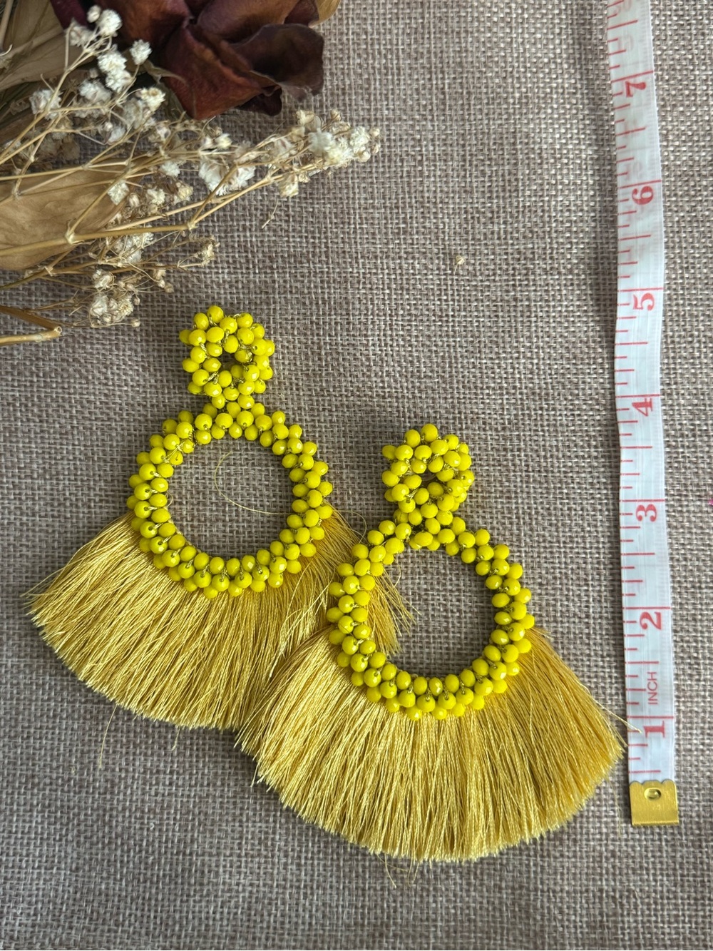 Bright Yellow Beaded Fringe Hoop Earrings